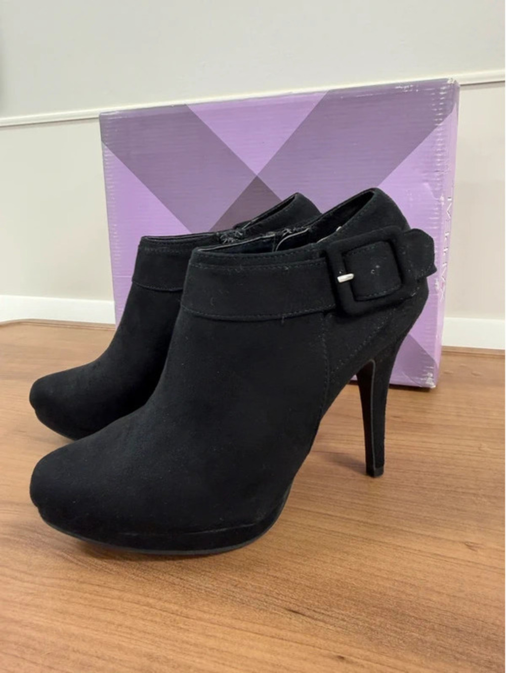XAppeal Angel Black Faux Suede Ankle Booties – Size 8 – 4” Heel